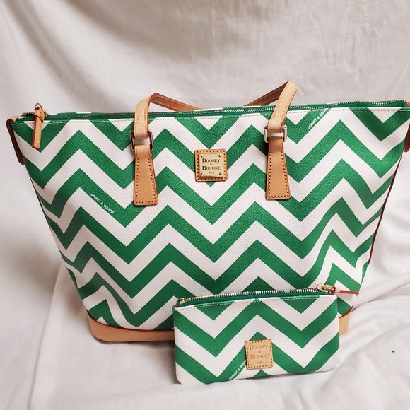 Dooney & Bourke Handbags - Dooney & Bourke Chevron Green White Coated Canvas Tote